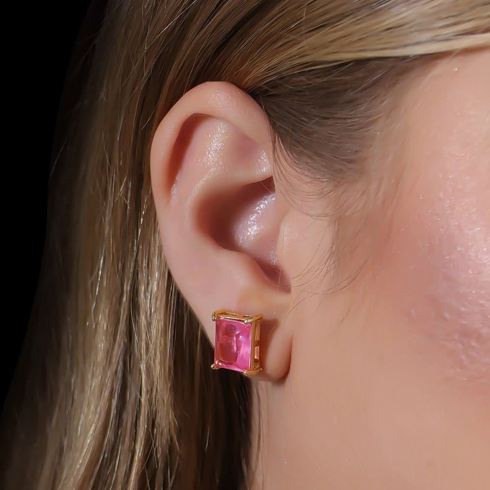 Brinco Dourado de Pedra Retangular Rosa, imagem 2