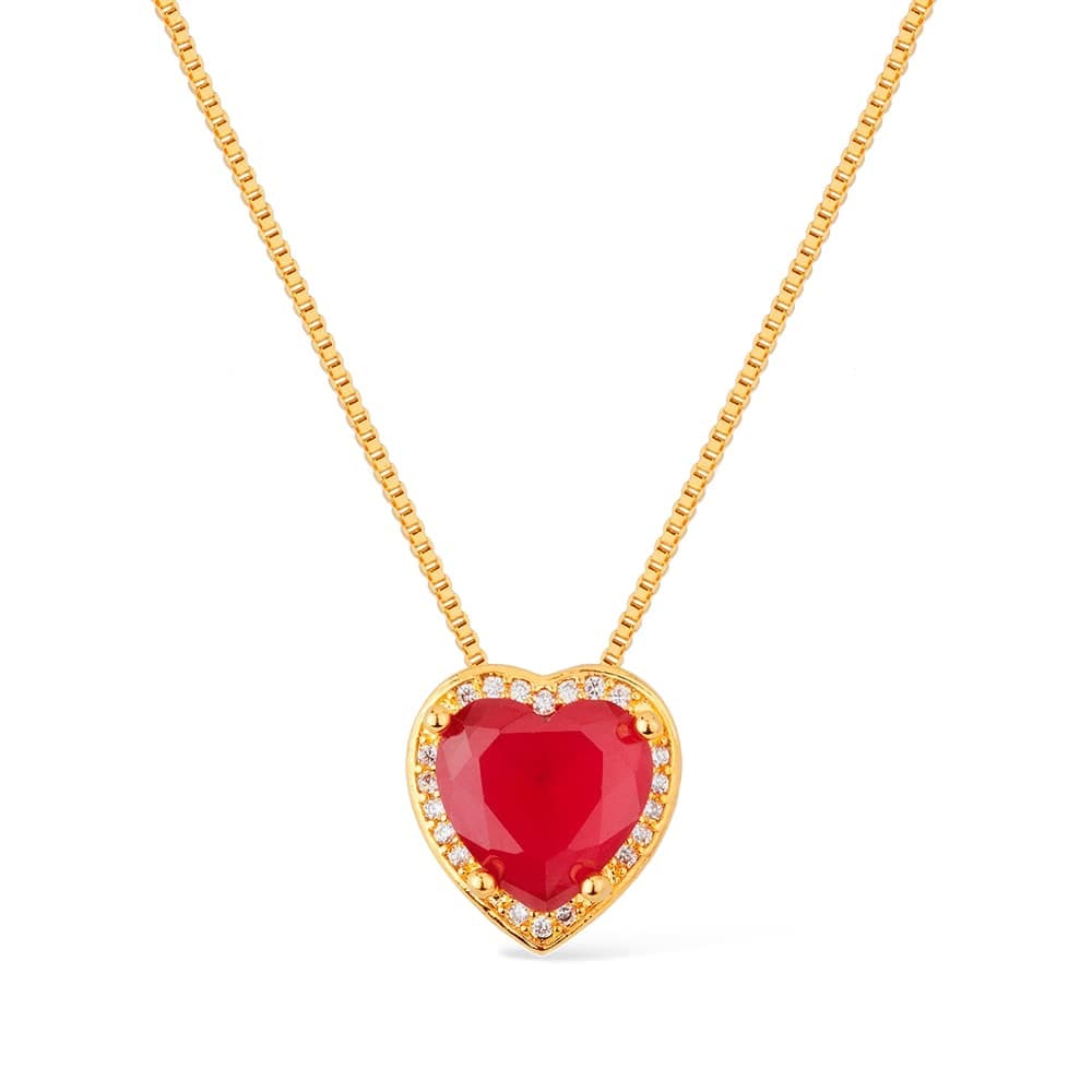 Colar Dourado de Pedra Natural Vermelha Coração Cravejado de Zircônia