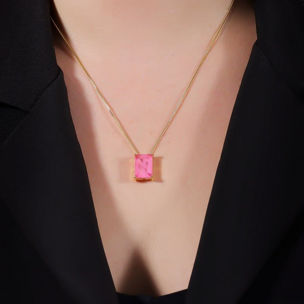 Colar Dourado de Pedra Retangular Rosa, imagem 2