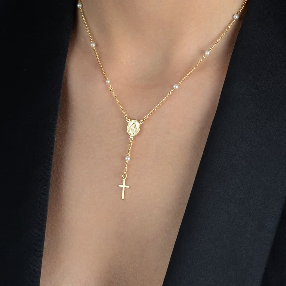 Colar Dourado Religioso Terço Cruz e Pérolas, imagem 2
