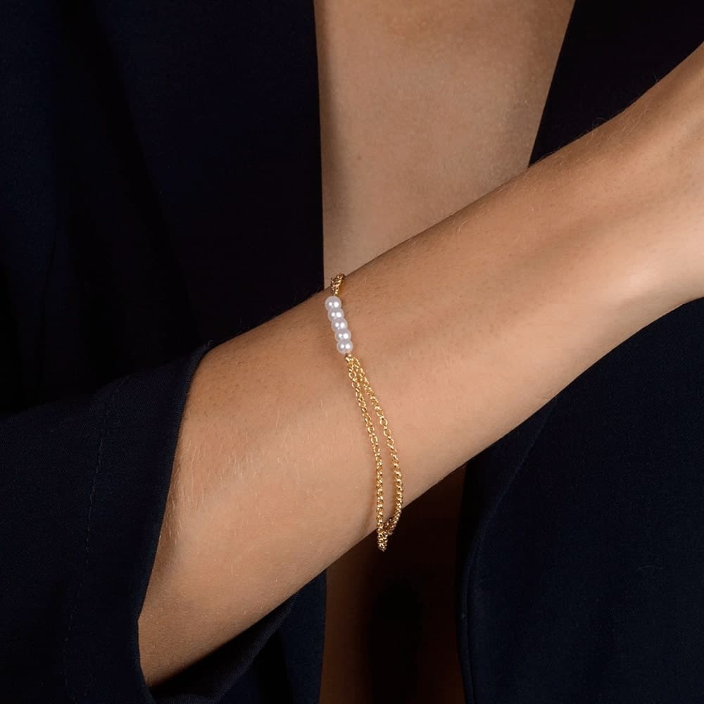 Pulseira Dourada Dupla Elo Português com Pérolas, imagem 2