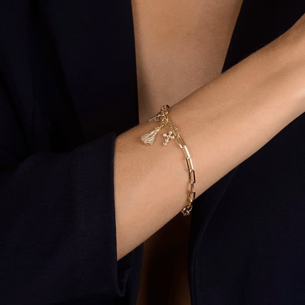 Pulseira Dourada Religiosa Nossa Senhora, Espírito Santo e Cruz Cravejada de Zircônia, imagem 2