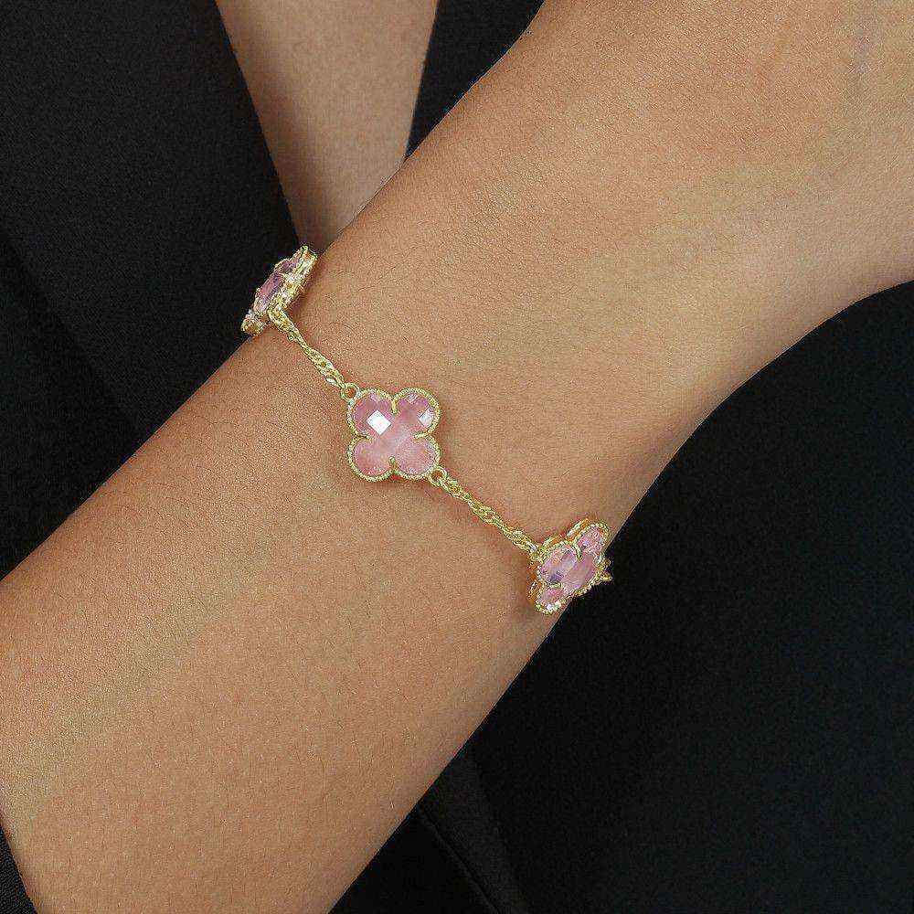 Pulseira Dourada Trevos Zircônia Rosa, imagem 2